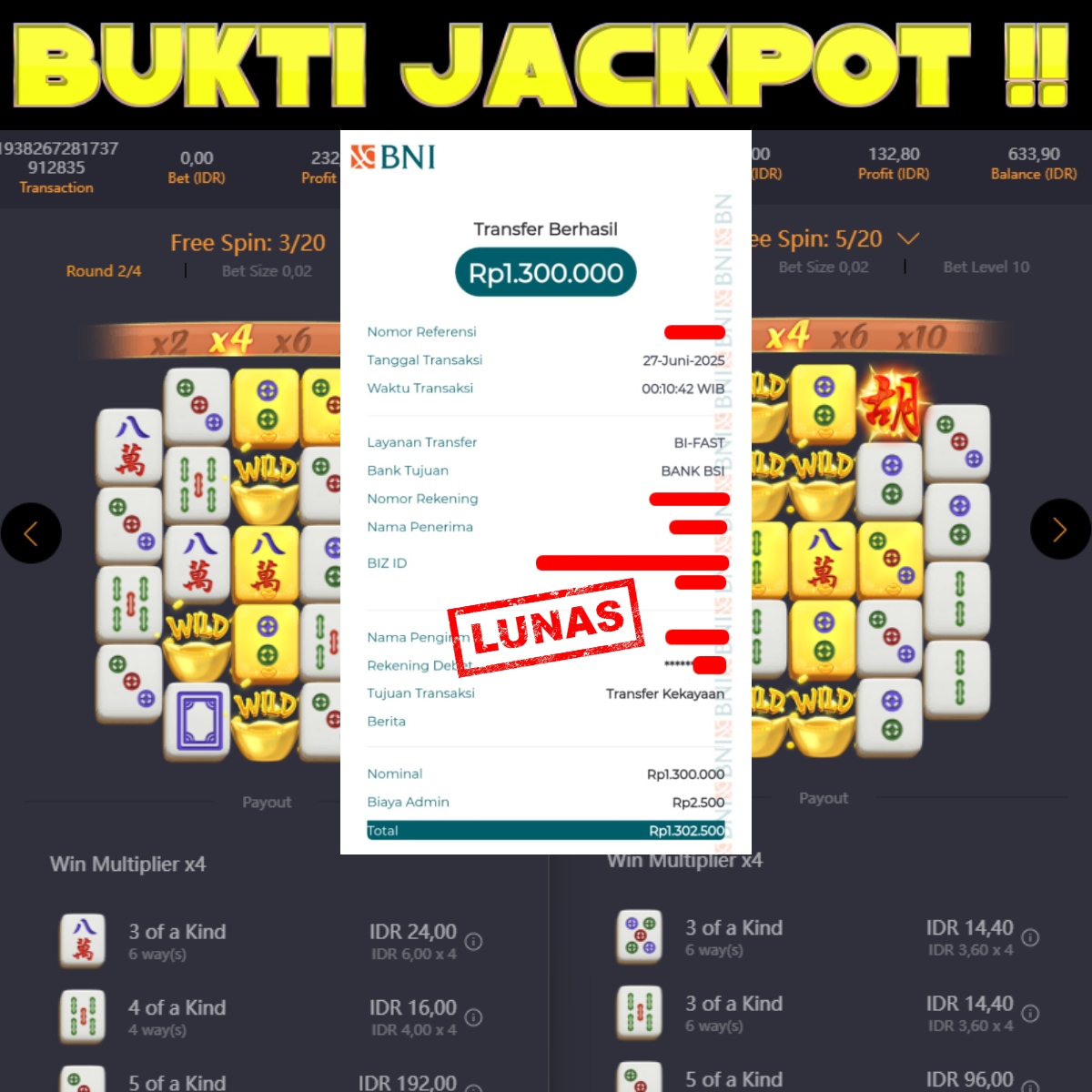 Bukti Kemenangan MAHJONG WAYS 2  – PG SOFT