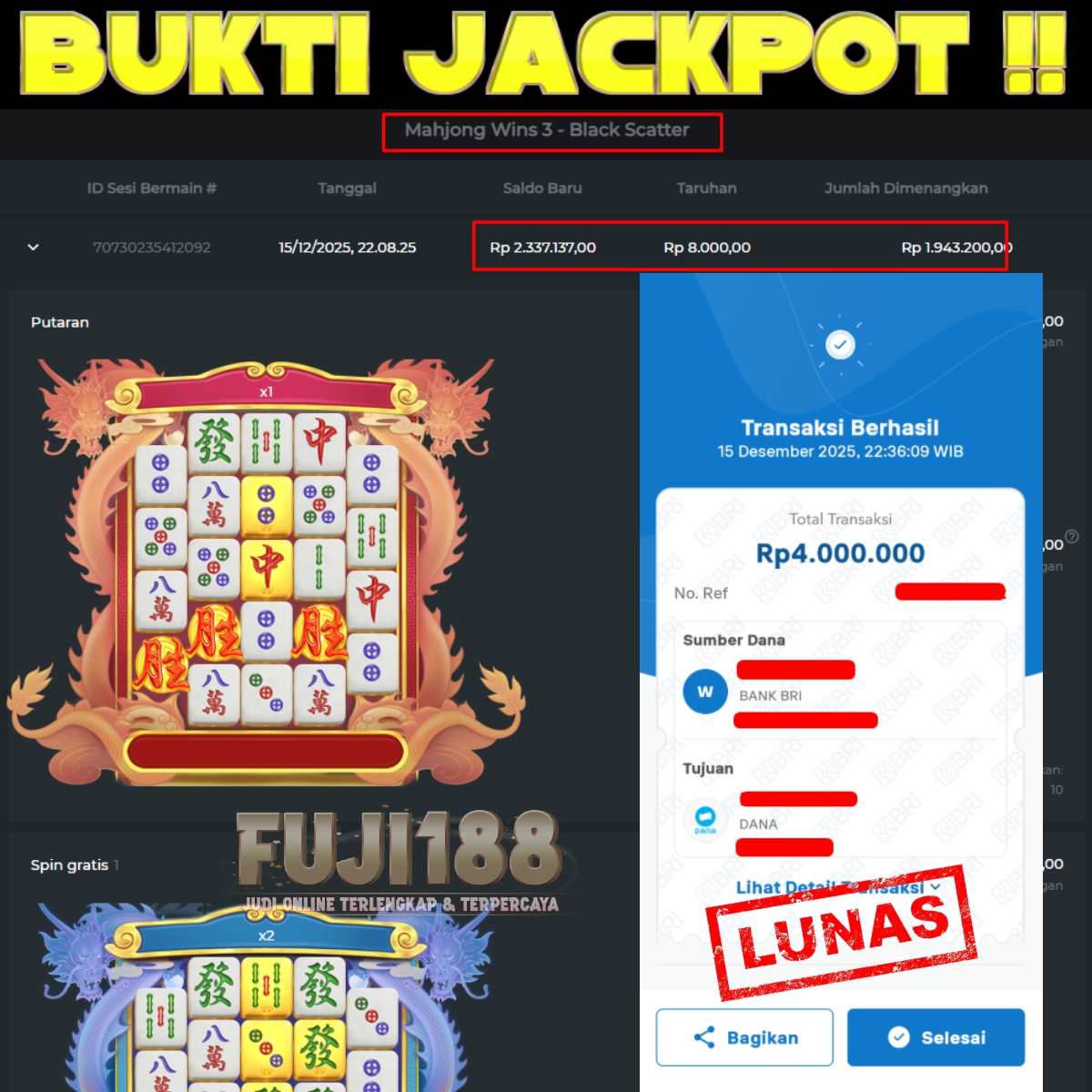 Bukti Kemenangan Mahjong Wins 3 – Black Scatter – PRAGMATIC PLAY